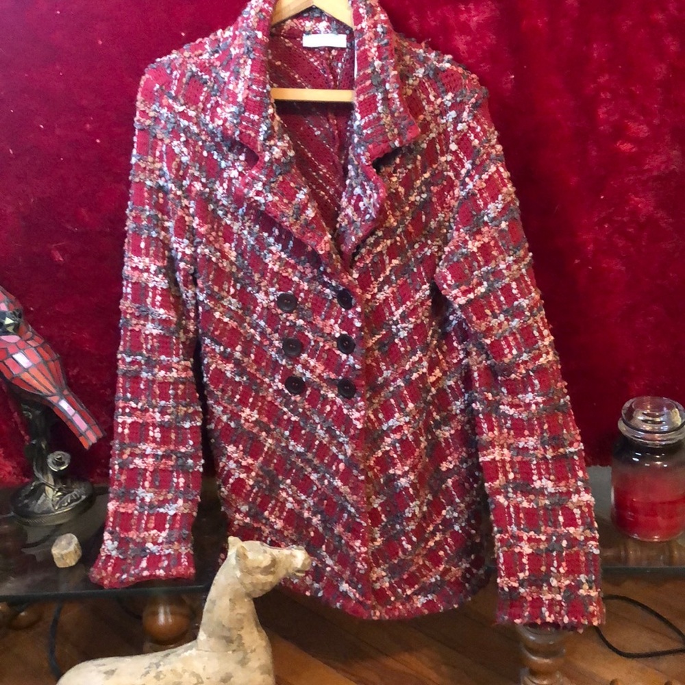 JH Collectibles Red and White Pea Coat with Notched Lapel